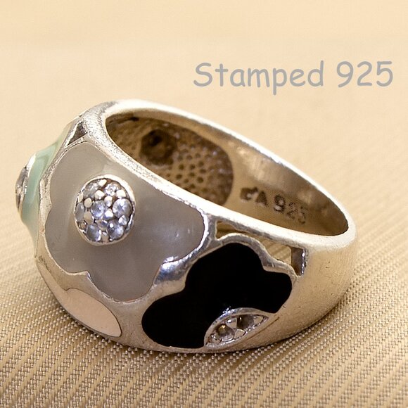 Sterling Silver Flower Ring with Enamel & CZ Stamped 925, Size 5, Floral Jewelry - Picture 7 of 9